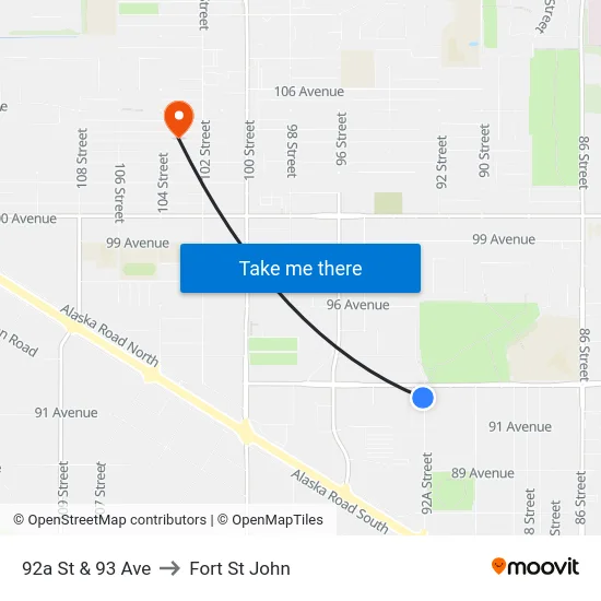 92a St & 93 Ave to Fort St John map