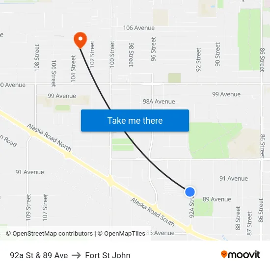 92a St & 89 Ave to Fort St John map