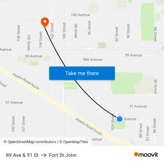89 Ave & 91 St to Fort St John map