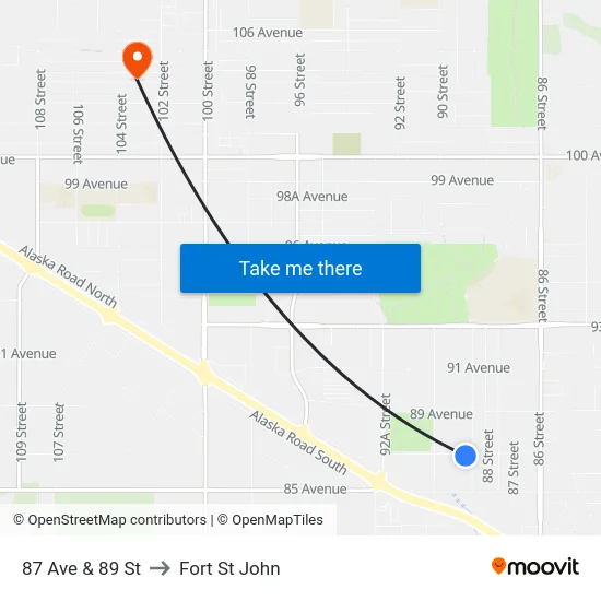 87 Ave & 89 St to Fort St John map