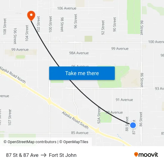 87 St & 87 Ave to Fort St John map