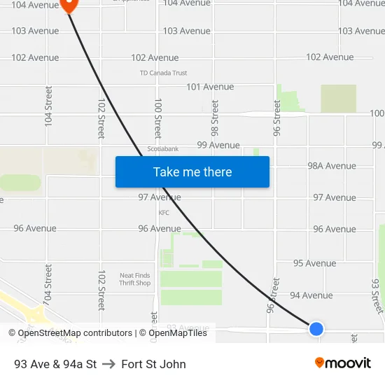 93 Ave & 94a St to Fort St John map