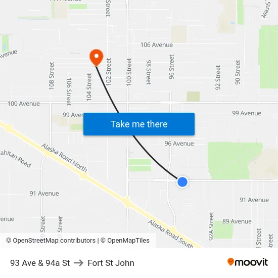 93 Ave & 94a St to Fort St John map