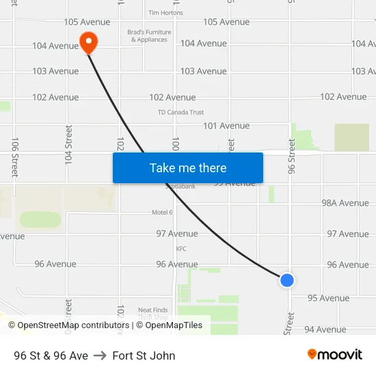 96 St & 96 Ave to Fort St John map