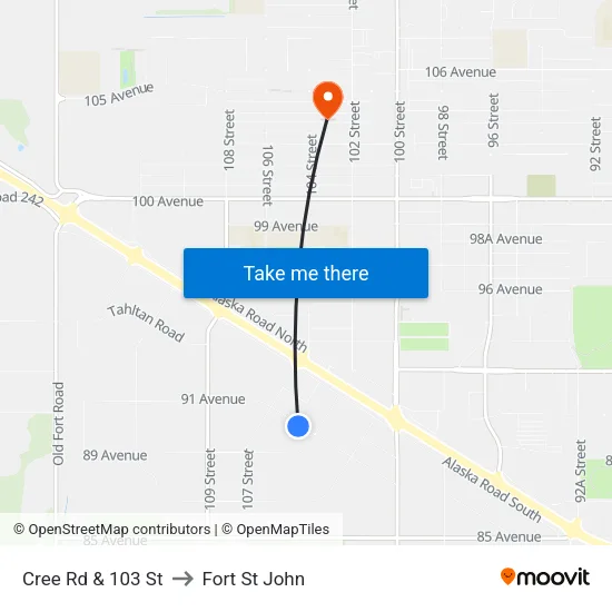 Cree Rd & 103 St to Fort St John map
