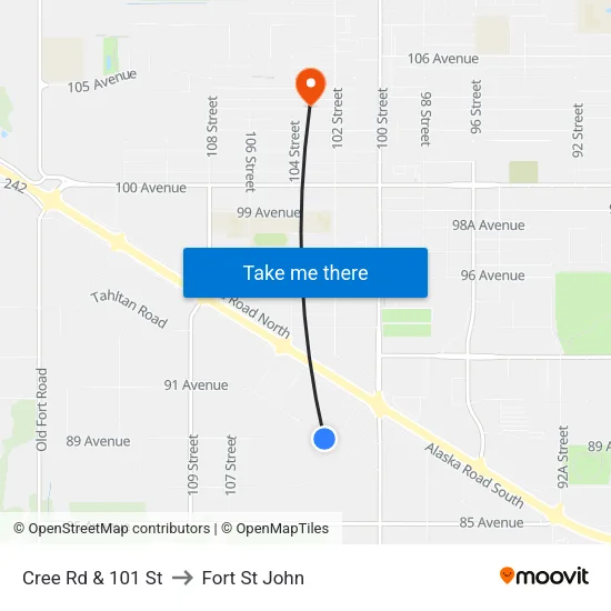 Cree Rd & 101 St to Fort St John map