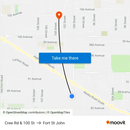 Cree Rd & 100 St to Fort St John map
