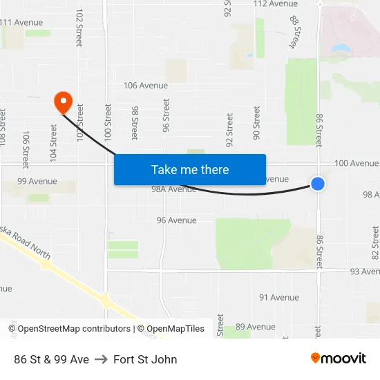 86 St & 99 Ave to Fort St John map
