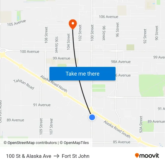 100 St & Alaska Ave to Fort St John map