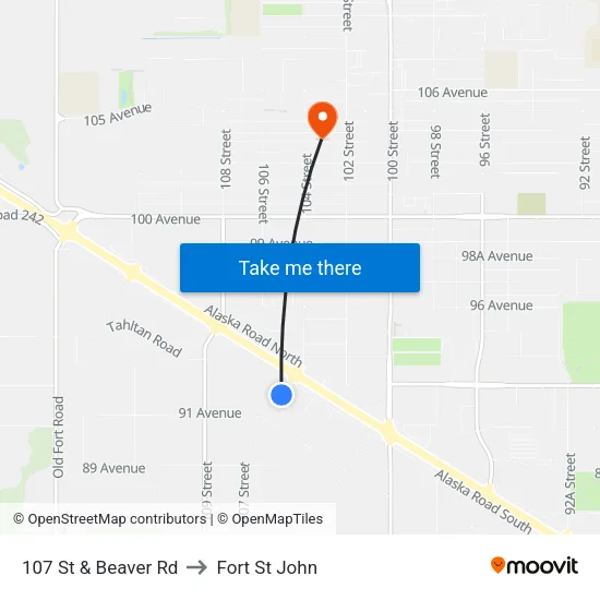 107 St & Beaver Rd to Fort St John map
