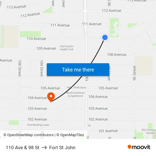 110 Ave & 98 St to Fort St John map
