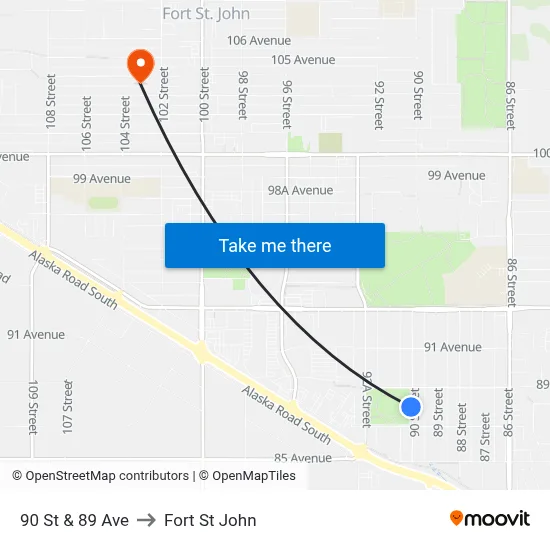 90 St & 89 Ave to Fort St John map