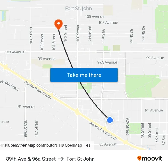 89th Ave & 96a Street to Fort St John map