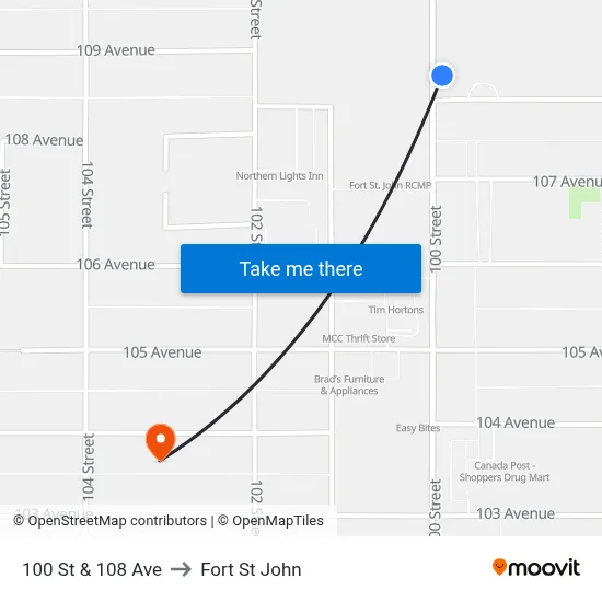 100 St & 108 Ave to Fort St John map