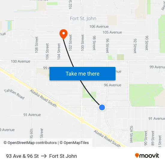 93 Ave & 96 St to Fort St John map
