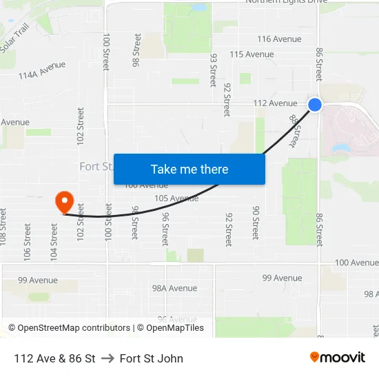 112 Ave & 86 St to Fort St John map