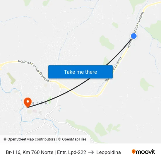 Br-116, Km 760 Norte | Entr. Lpd-222 to Leopoldina map