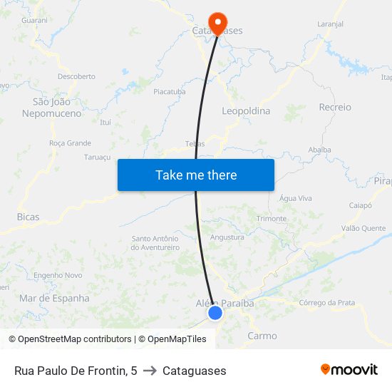 Rua Paulo De Frontin, 5 to Cataguases map
