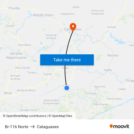 Br-116 Norte to Cataguases map