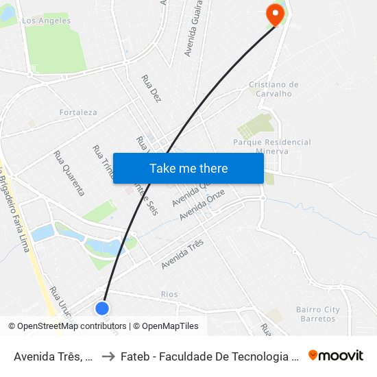 Avenida Três, 2309 to Fateb - Faculdade De Tecnologia Barretos map