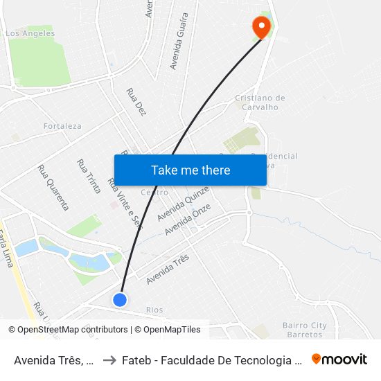 Avenida Três, 1724 to Fateb - Faculdade De Tecnologia Barretos map