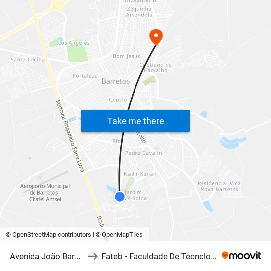 Avenida João Baroni, 1710 to Fateb - Faculdade De Tecnologia Barretos map