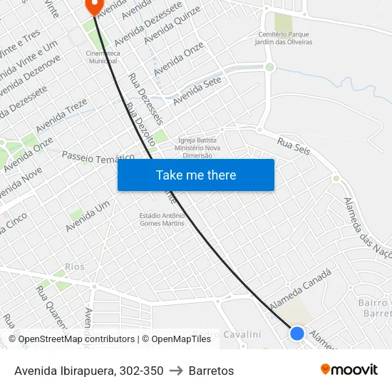 Avenida Ibirapuera, 302-350 to Barretos map