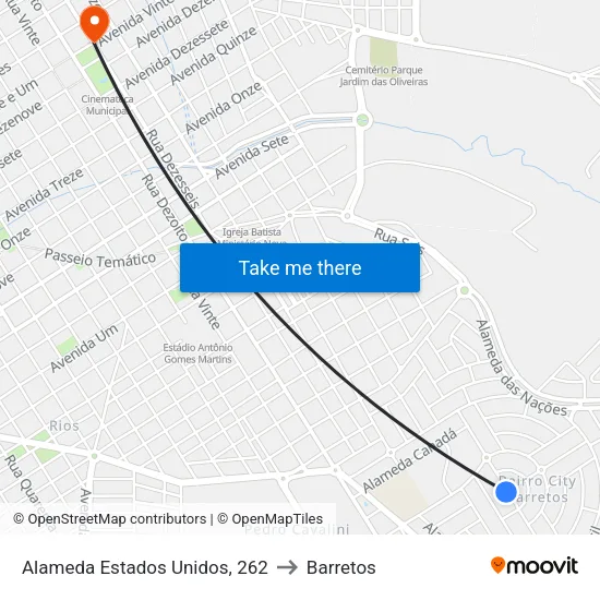 Alameda Estados Unidos, 262 to Barretos map