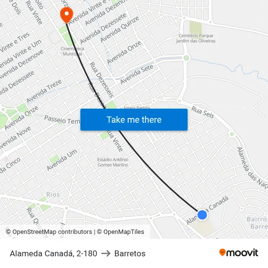 Alameda Canadá, 2-180 to Barretos map