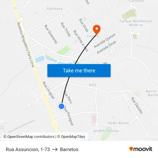 Rua Assuncion, 1-73 to Barretos map