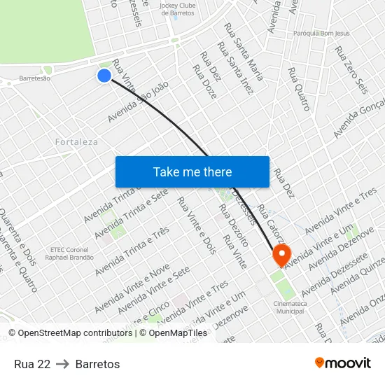 Rua 22 to Barretos map