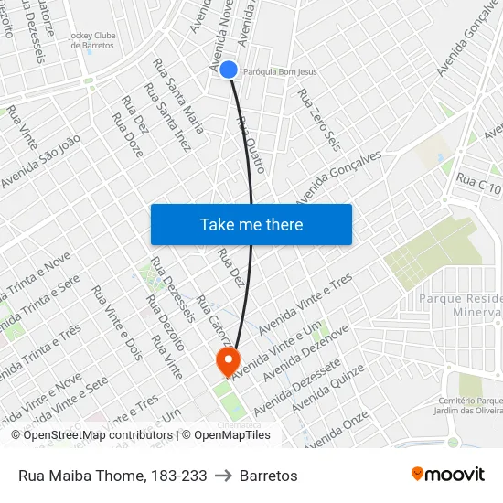 Rua Maiba Thome, 183-233 to Barretos map