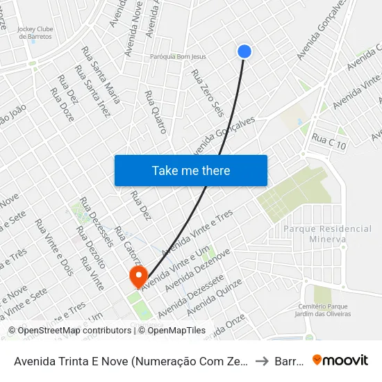 Avenida Trinta E Nove (Numeração Com Zero Inicial), 440-538 to Barretos map