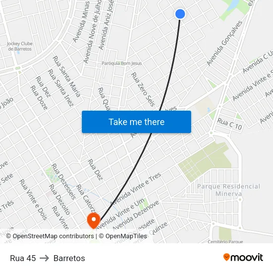 Rua 45 to Barretos map