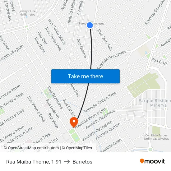 Rua Maiba Thome, 1-91 to Barretos map
