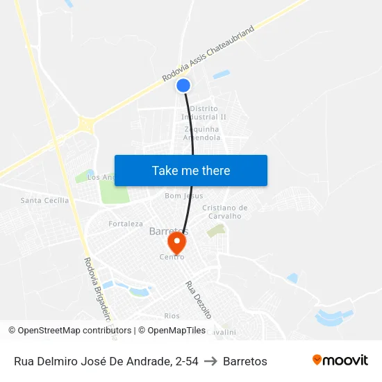 Rua Delmiro José De Andrade, 2-54 to Barretos map