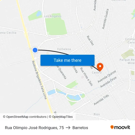 Rua Olímpio José Rodrigues, 75 to Barretos map
