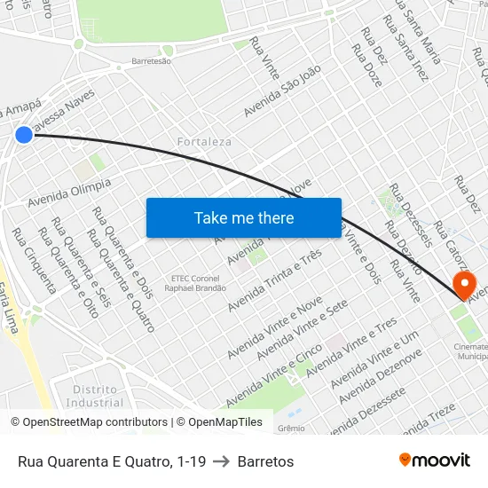 Rua Quarenta E Quatro, 1-19 to Barretos map