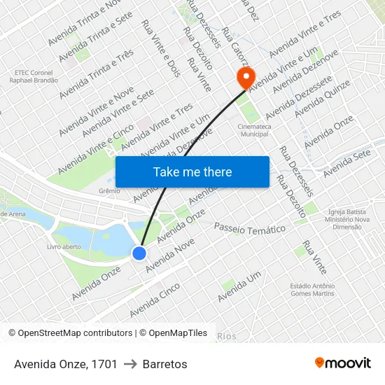 Avenida Onze, 1701 to Barretos map
