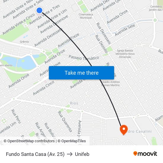 Fundo Santa Casa (Av. 25) to Unifeb map