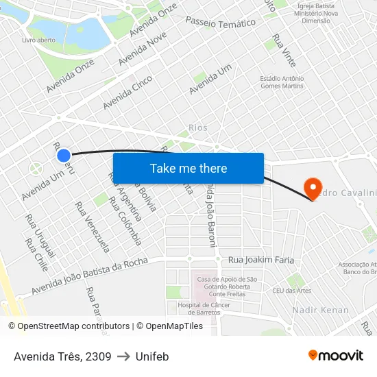 Avenida Três, 2309 to Unifeb map