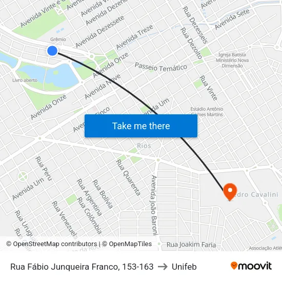Rua Fábio Junqueira Franco, 153-163 to Unifeb map