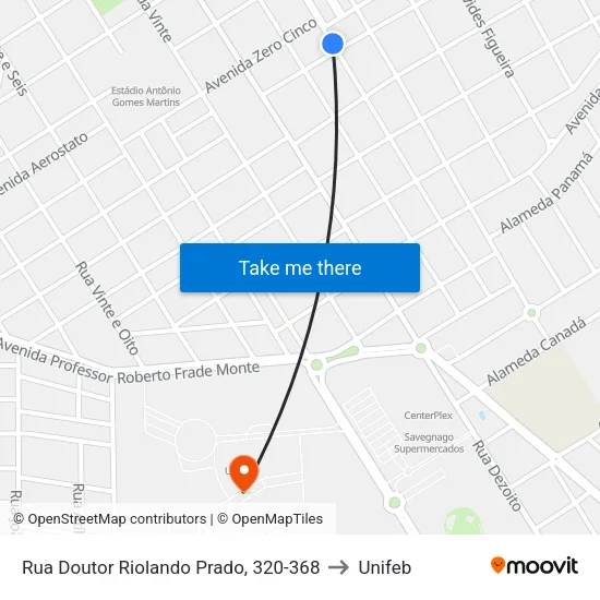 Rua Doutor Riolando Prado, 320-368 to Unifeb map