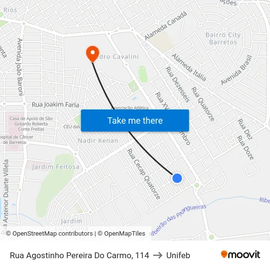 Rua Agostinho Pereira Do Carmo, 114 to Unifeb map