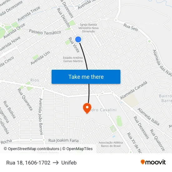 Rua 18, 1606-1702 to Unifeb map