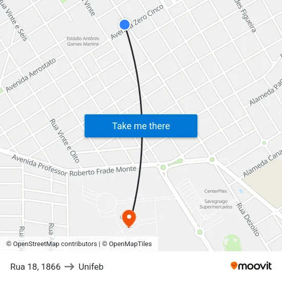 Rua 18, 1866 to Unifeb map