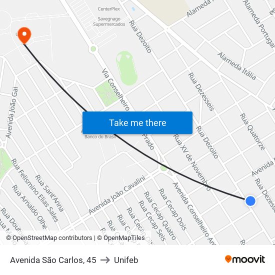 Avenida São Carlos, 45 to Unifeb map
