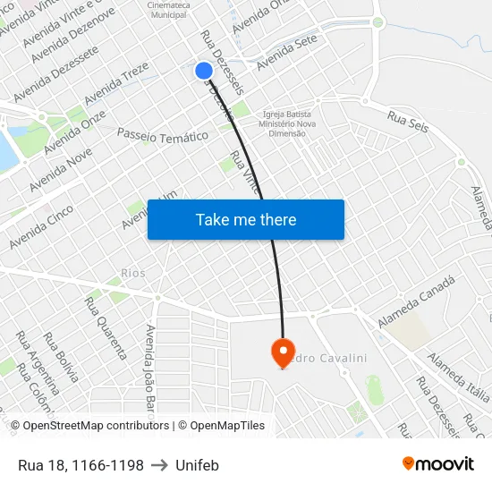 Rua 18, 1166-1198 to Unifeb map