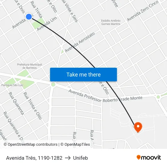 Avenida Três, 1190-1282 to Unifeb map