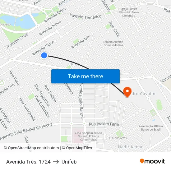 Avenida Três, 1724 to Unifeb map